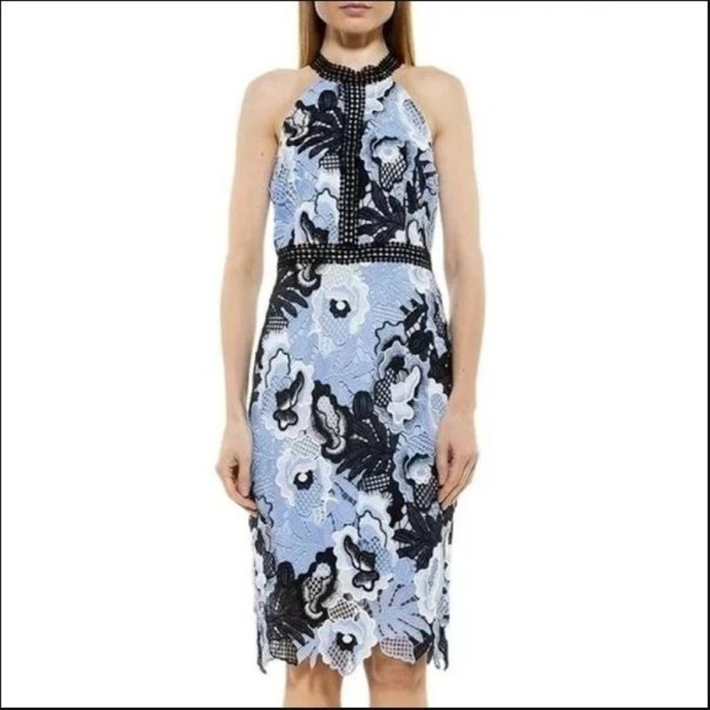 Alexia Admor Blue Floral Lace Halter Sheath Dress Black Crochet Trim Size 2